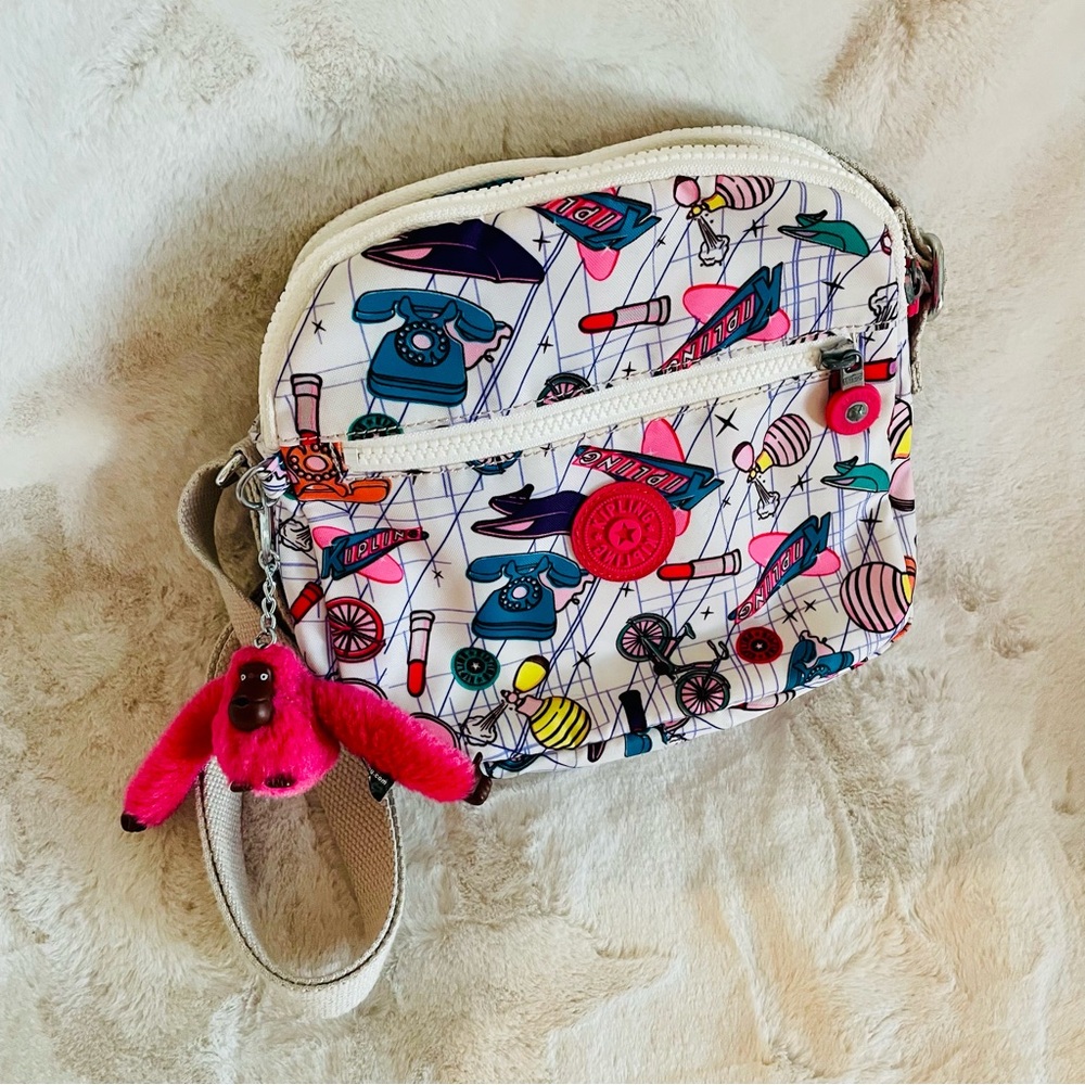 Kipling Keefe Crossbody Bag in Sweet Shop Print w/ Monkey Keychain